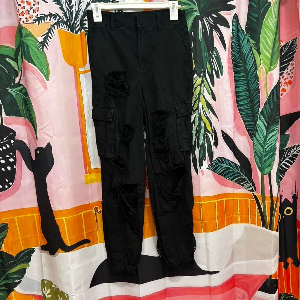 Forever 21 Women's Black Trousers Distressed Cargo Style